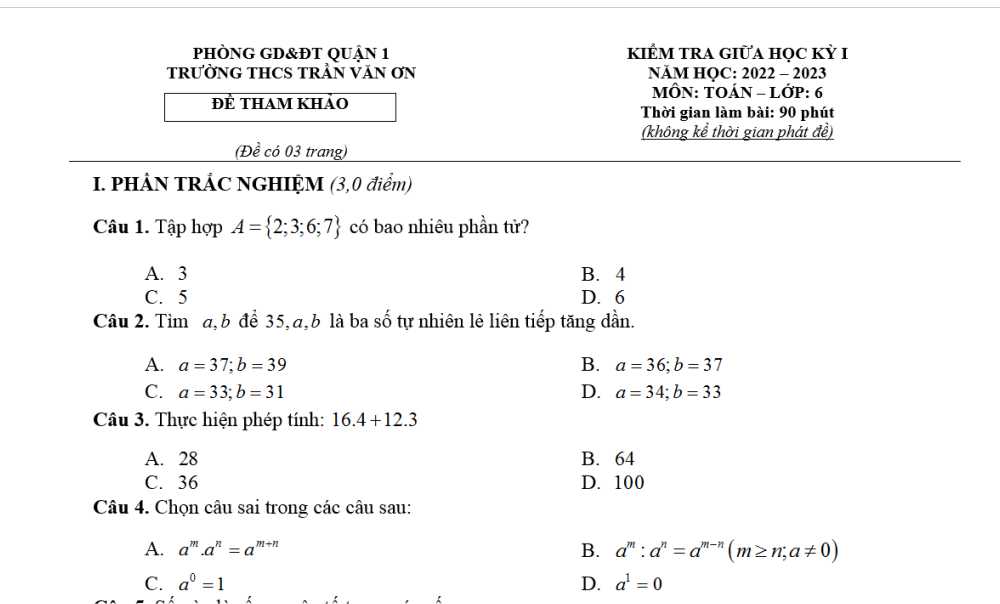 Toán 6: Đề kiểm tra giữa học kì 1. Trường THCS Trần Văn Ơn - Quận 1 năm học 2022-2023